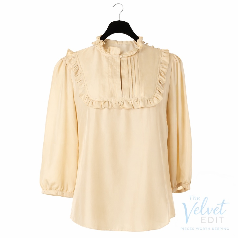 Banana Republic Silk Ruffle Neck Blouse Size M Tan